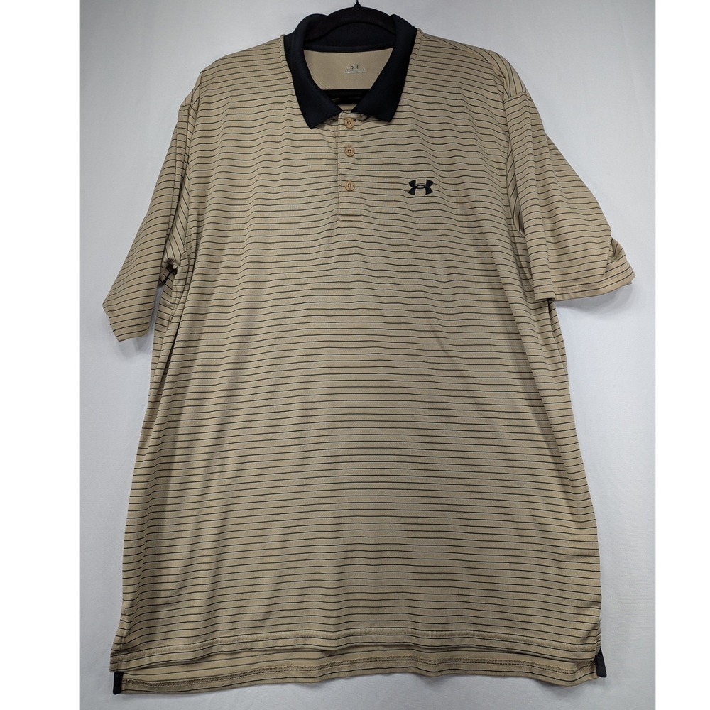 Under Armour Mens LG Striped Polo Shirt Tan Black HeatGear Short‎ Sleeve Golf